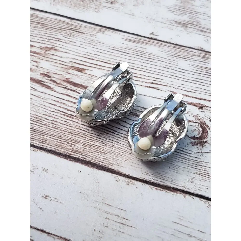Vintage Clip On Earrings - Twisted Silver Tone & Clear Gem 1